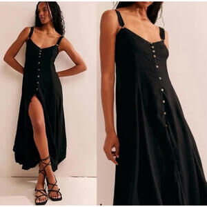 Free People What A Breeze Black Linen Blend Button‎ Down Dress XS NWOT